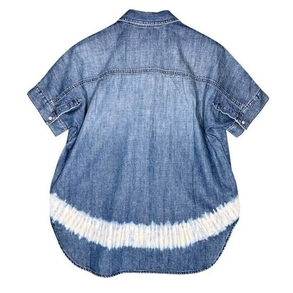 Madewell Denim Short Sleeve Tie Dye Bleach Button Down Shirt NV325 Blue XS NEW - Picture 2 of 10